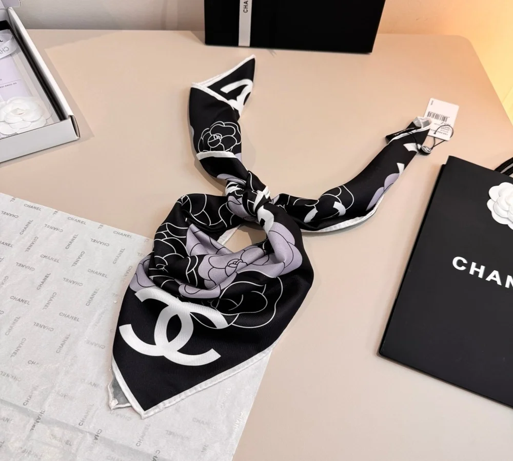 Chanel Camellia & CC Logo Silk Scarf (Black & Lilac)